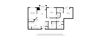 A black and white drawing of a house layout with a living room, dining room, kitchen, and three bedrooms.