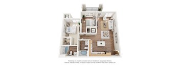 A 3D floor plan of a house with a kitchen, living room, and bedrooms.