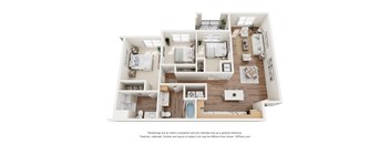 A 3D floor plan of a house with a kitchen, living room, and bathroom.