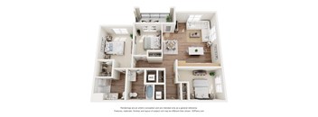 A 3D floor plan of a house with a living room, dining room, kitchen, and two bedrooms.