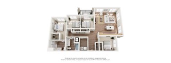 A 3D floor plan of a house with multiple rooms and furniture.