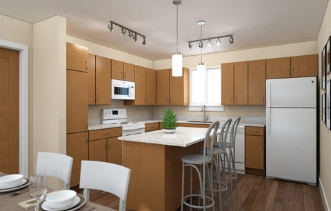 A kitchen with wooden cabinets and a white refrigerator.