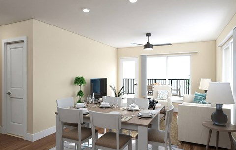 A dining room with a table set for six.