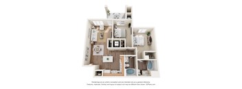 3D floor plan with two bedrooms and living area at Turquoise Trail Apartments, Santa Fe, 87508