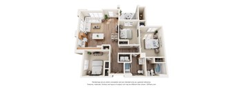 3D floor plan with three bedrooms and open living space at Turquoise Trail Apartments, Santa Fe