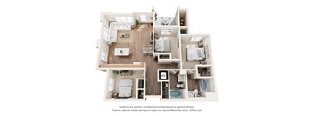 3D two bedroom apartment layout with open living space at Turquoise Trail Apartments, New Mexico, 87508