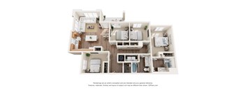 3D four bedroom floor plan with dual bathrooms at Turquoise Trail Apartments, Santa Fe, NM