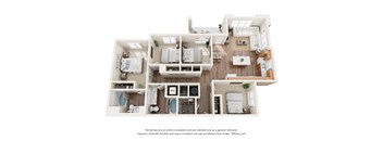 3D four bedroom layout with open kitchen and living room at Turquoise Trail Apartments, Santa Fe, New Mexico