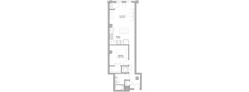 A floor plan of a house with a living room, kitchen, and bedroom.