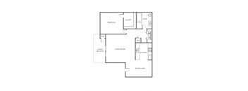 A floor plan of a house with a bedroom, living room, kitchen, dining area, and bathroom.