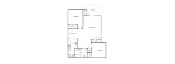 A floor plan of a home with a living room, dining area, kitchen, and two bedrooms.