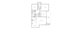 A floor plan of a house with a living room, two bedrooms, a kitchen, a dining area, and storage.