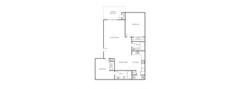 A floor plan of a home with a living room, two bedrooms, a kitchen, a dining area, a closet, a bath, and storage.