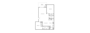 A floor plan of a home with a living room, two bedrooms, a kitchen, a dining area, a closet, a bath, and storage.