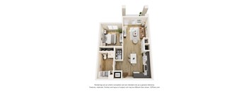 3D floor plan of one bedroom apartment layout at Vivir at Ballpark Village Apartments, Goodyear, 85338