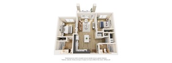 3D floor plan of two bedroom apartment layout at Vivir at Ballpark Village Apartments, Goodyear