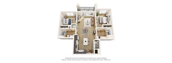 3D floor plan of three bedroom apartment layout at Vivir at Ballpark Village Apartments, Arizona, 85338