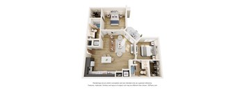3D floor plan of two bedroom two bath layout at Vivir at Ballpark Village Apartments, Goodyear, AZ