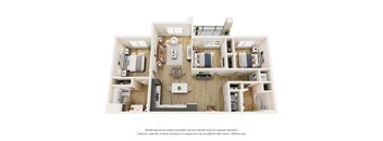 3D floor plan of three bedroom two bath layout at Vivir at Ballpark Village Apartments, Goodyear, Arizona
