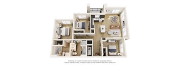 3D floor plan of two bedroom apartment interior at Vivir at Ballpark Village Apartments, Arizona