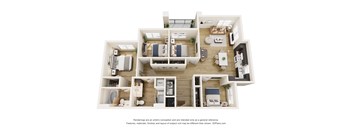 3D floor plan of four bedroom apartment layout at Vivir at Ballpark Village Apartments, Goodyear, AZ 85338