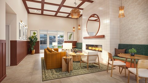 A living room with a fireplace and a couch.