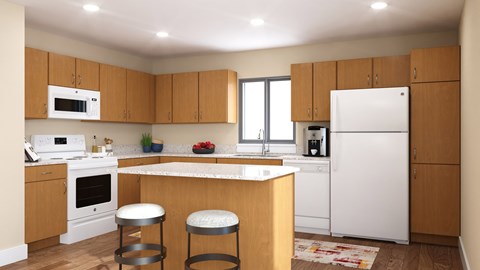 A kitchen with white appliances and wooden cabinets.
