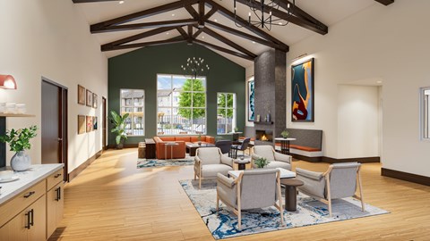 A living room with a large window, a couch, a chair, and a rug.