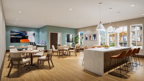 A modern dining room with a white marble island and wooden chairs.