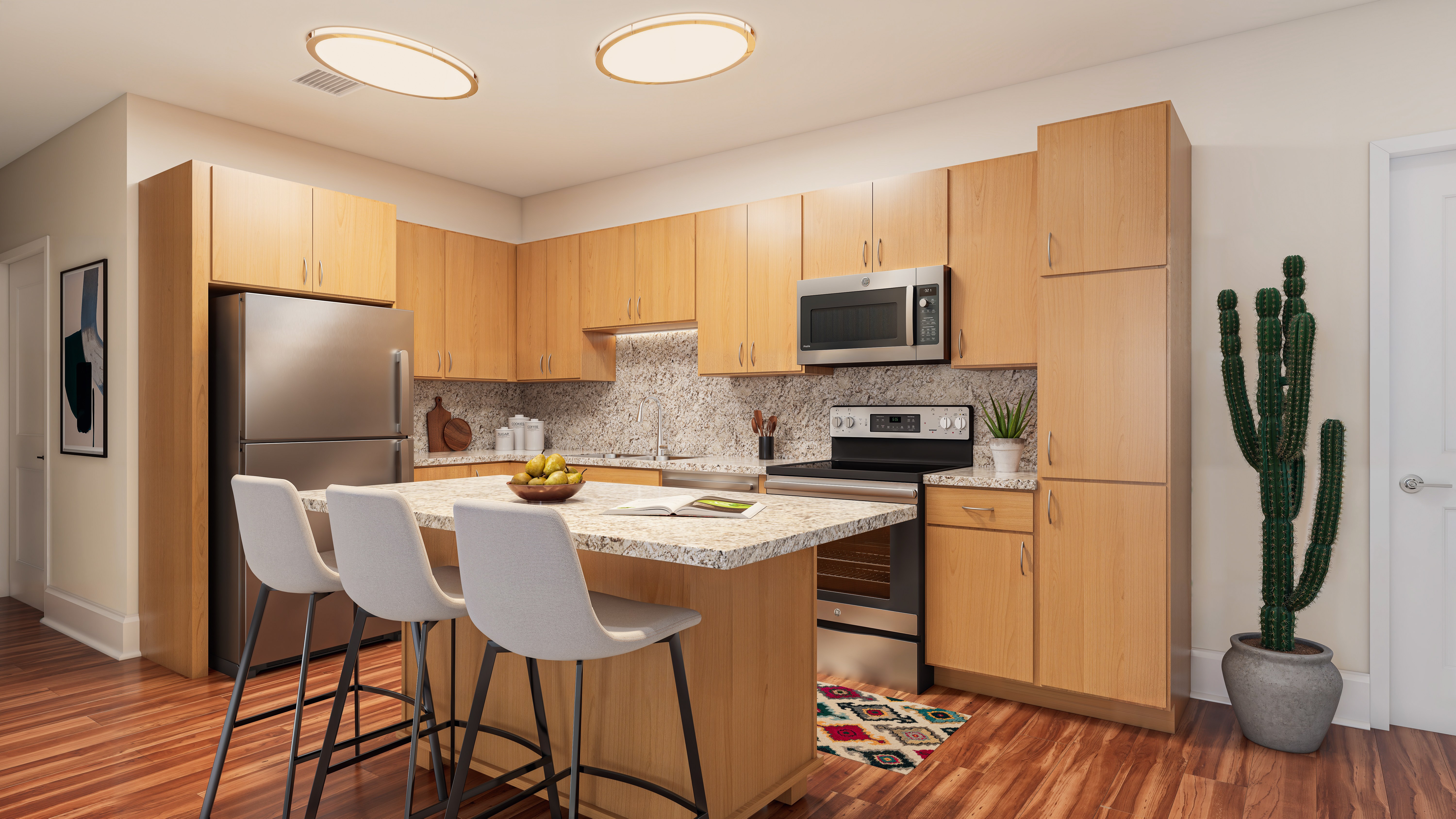 A kitchen with wooden cabinets and a cactus plant.