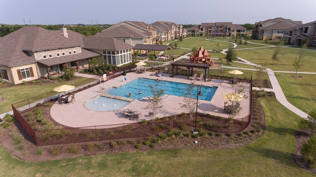 Aerial Pool View at The Royse at Parker Boulevard Apartments, Royse City, Texas