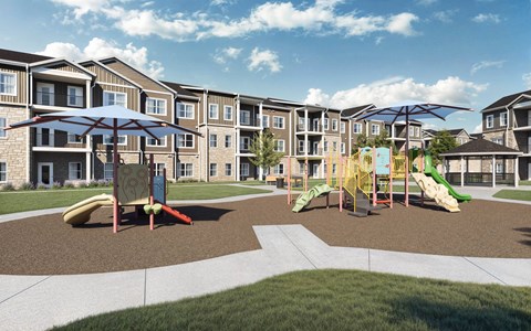 A playground area with slides and swings in front of apartment buildings at Sage at Franklin Park Apartment , Texas, 78744