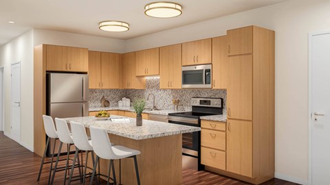 A kitchen with wooden cabinets and a granite countertop.