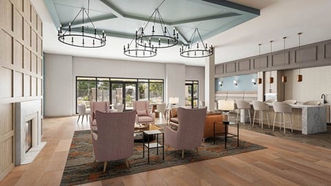 A modern dining room with a fireplace and a large table at Orchard Springs 55+ Apartment , Surprise, AZ