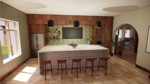 A kitchen with a table and chairs in front of a television.