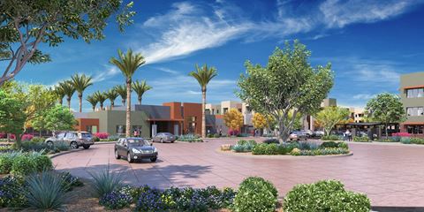 a rendering of a parking lot with palm trees and cars