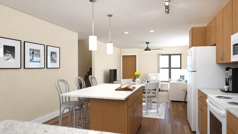 A kitchen with a table and chairs in the middle of the room.