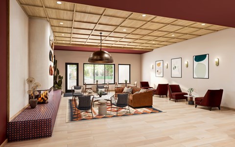A living room with a fireplace and a large painting on the wall.