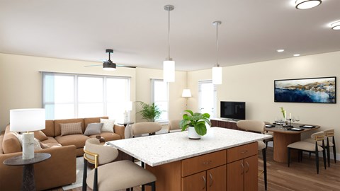 Open living room with kitchen island and dining space at Turquoise Trail Apartments, New Mexico