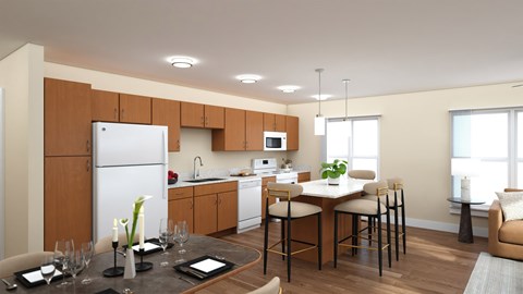 A modern kitchen with a dining table set for four.