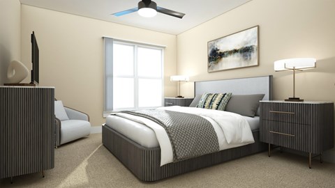 Bedroom with modern gray furniture and large window at Turquoise Trail Apartments, Santa Fe, 87508