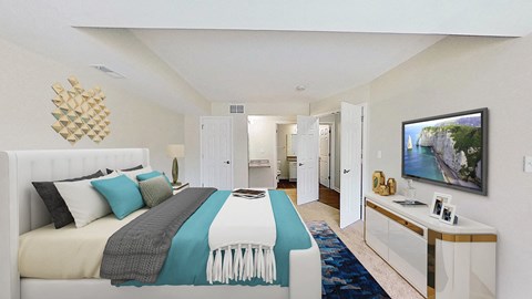 Light-filled bedroom with charming bay window