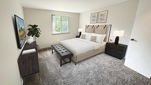 A bedroom with a bed, nightstand, and a plant.