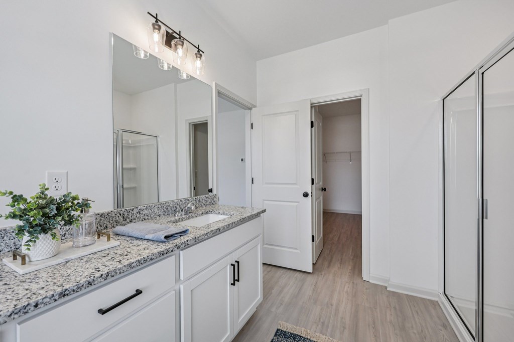 A bathroom with a sink, mirror, and a rug on the floor.