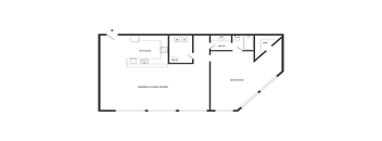 A floor plan of a room with a kitchen, dining area, and bathroom.