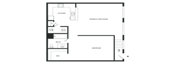 A floor plan of a house with a kitchen, dining/living room, bathroom, and bedroom.