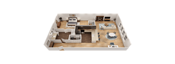 A 3D rendered image of a modern, minimalist living room and kitchen area.