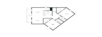 A floor plan of a house with a kitchen, living room, and two bedrooms.