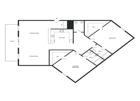 A floor plan of a house with a kitchen, living room, and two bedrooms.