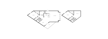A floor plan of a two-story building with a kitchen, living room, and bedrooms.